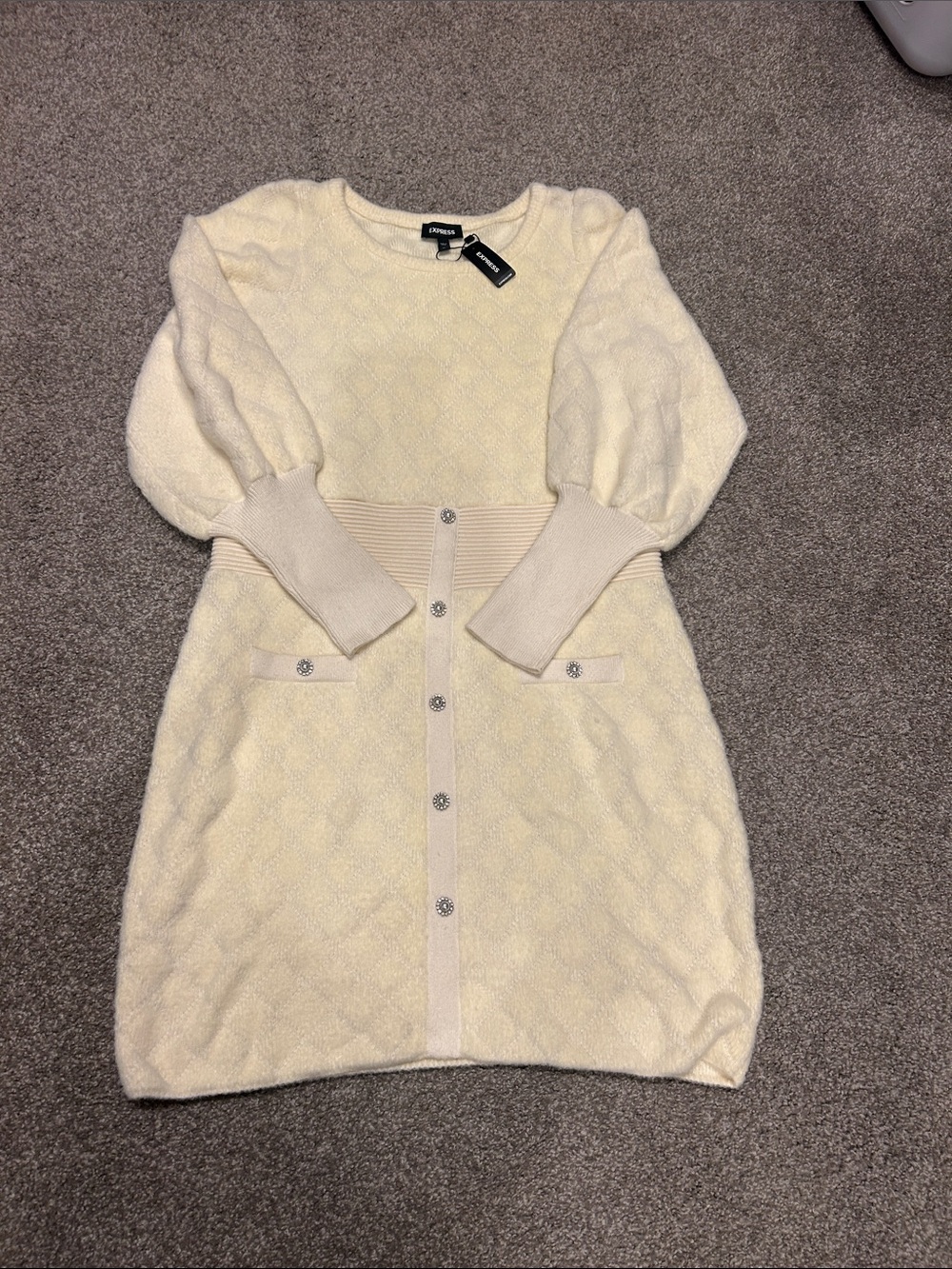 Express Ivory Knit Button-Front Sweater Dress